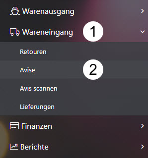 Navigation zu Avise im Wareneingang