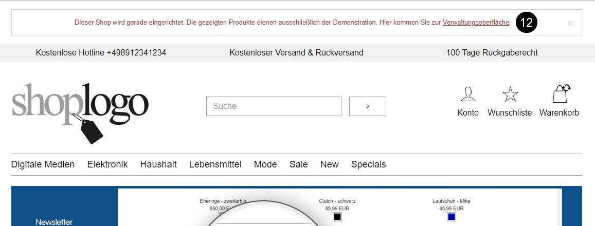 Demonstatrions Hinweis im Frontend