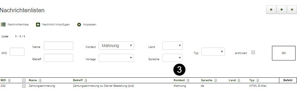 Nachrichtenliste mit einer Mahnung