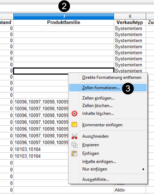 Kontextmenü Zellen formatieren