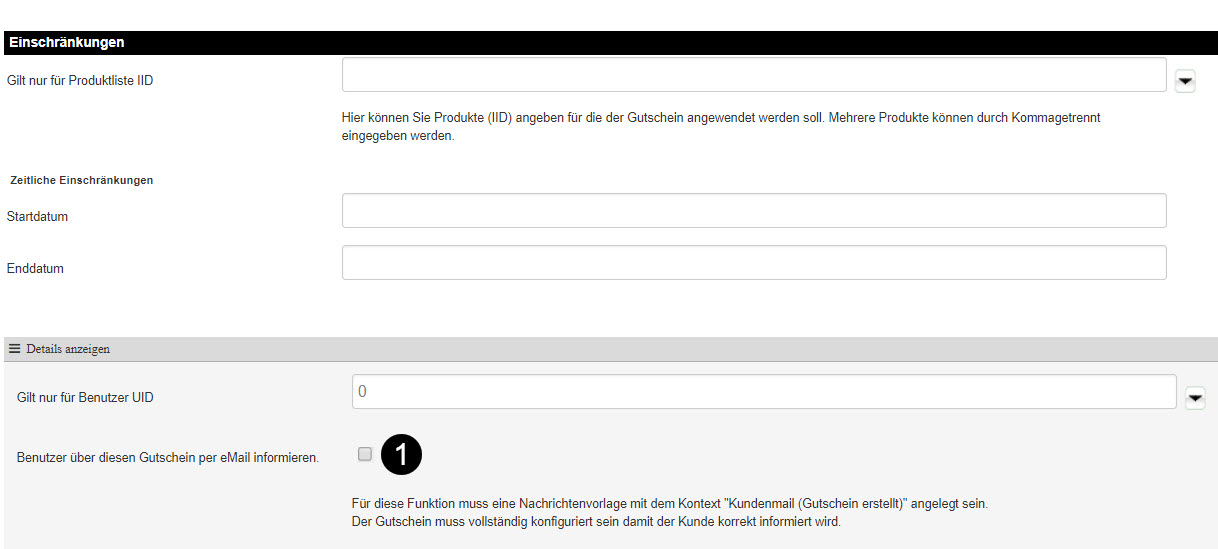 Checkbox Benutzer über diesen Gutschein per E-Mail informieren