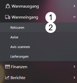 Navigation zu Retouren im Wareneingang