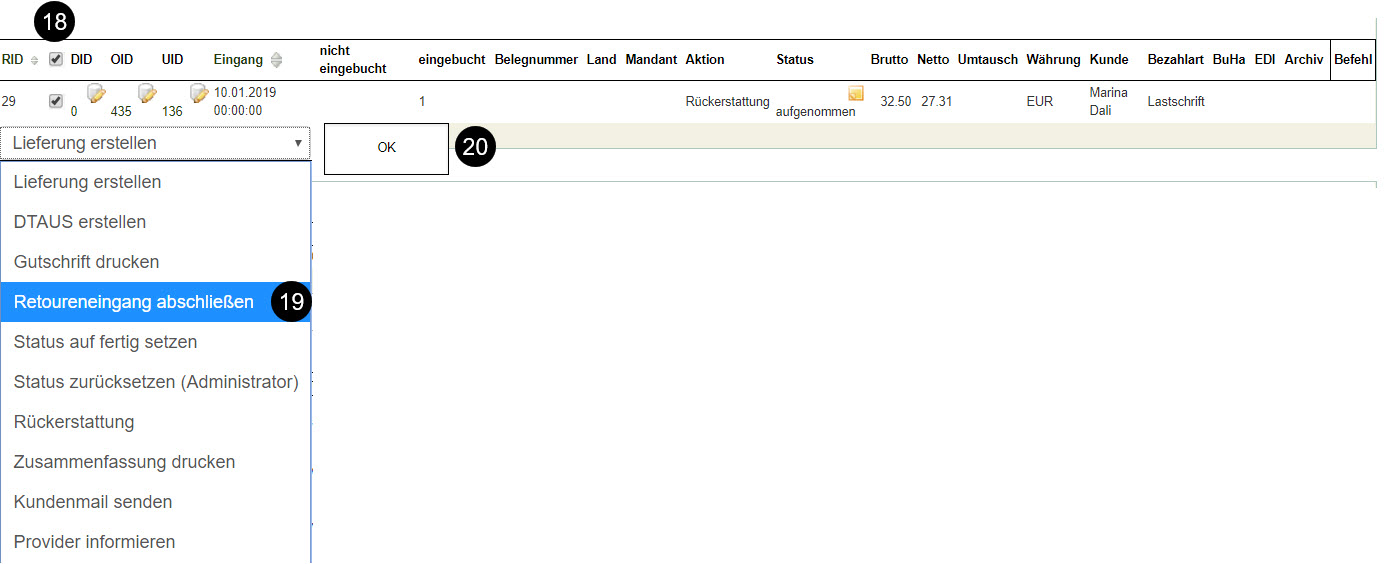 Retoure abschließen