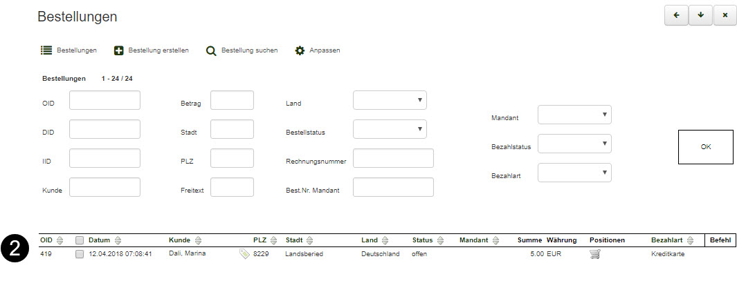 OID in der Bestellungen Liste