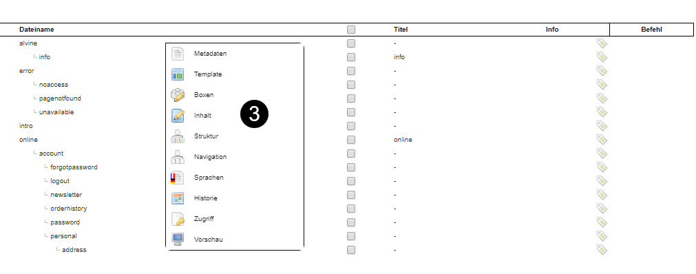 Kontextmenü in der Seitenliste