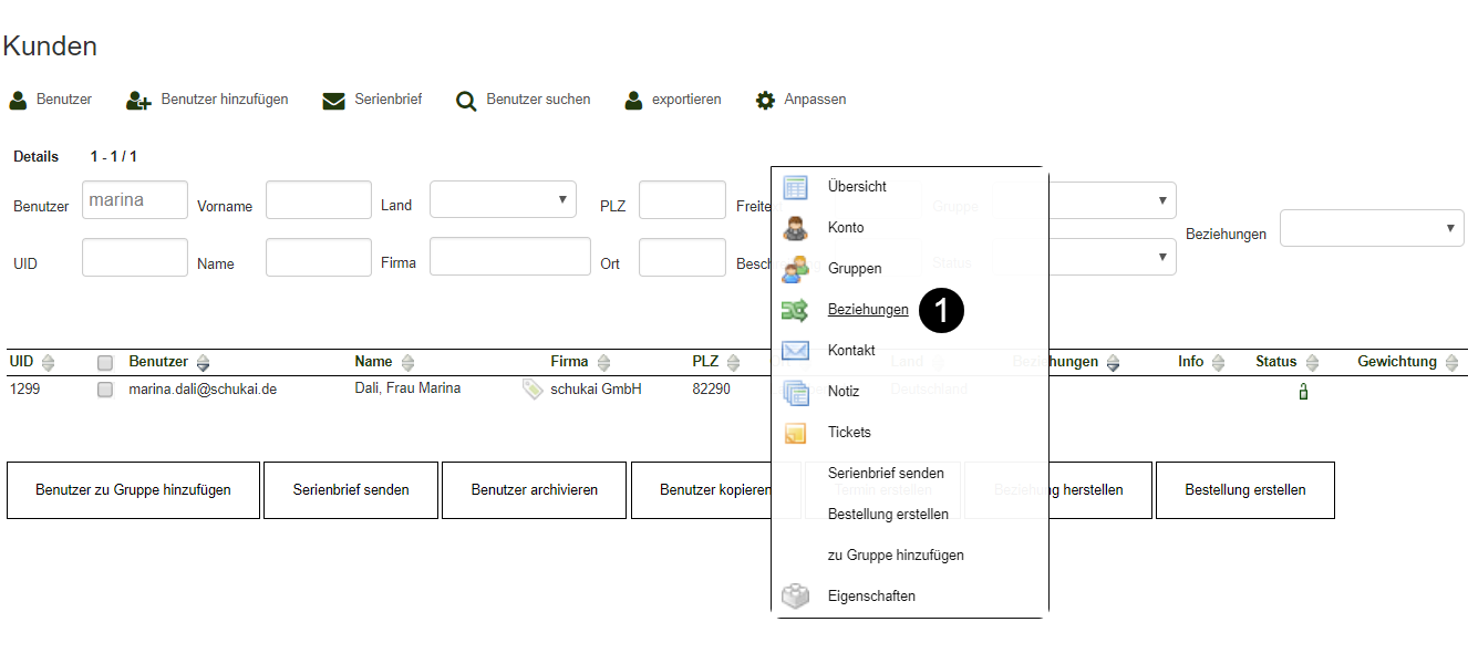 Kontextmenü mit Beziehungen
