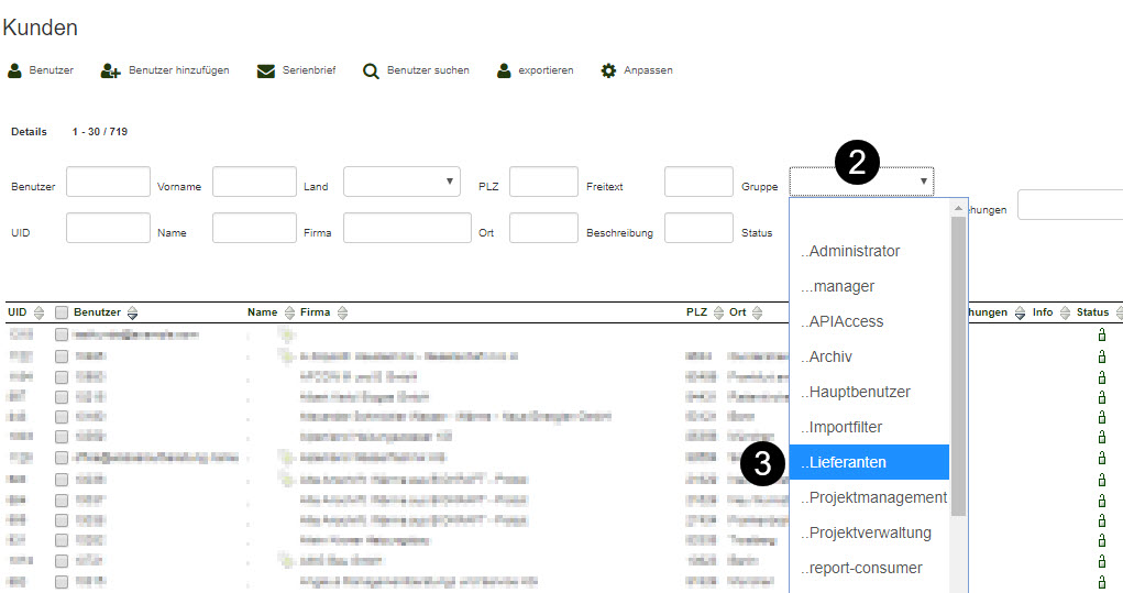 Kundenliste nach Gruppe filtern