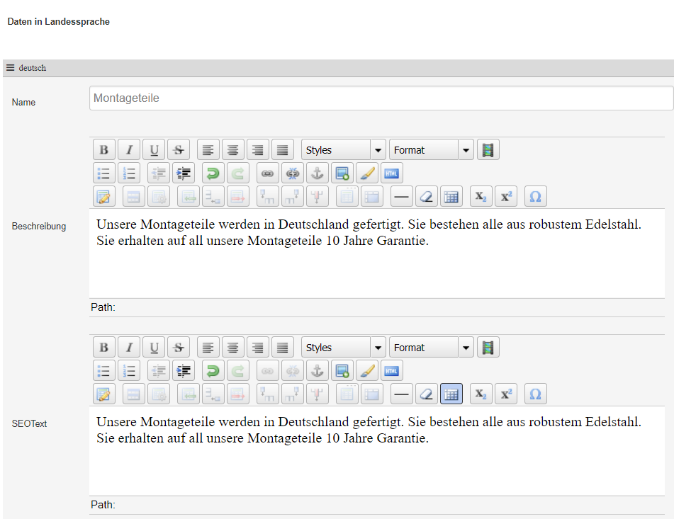 Beispiel: Pflege in Stammdatenfeldern