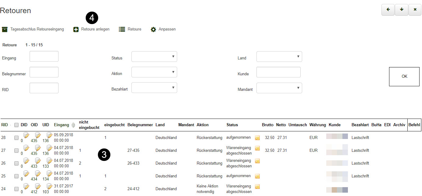 Button Retoure anlegen